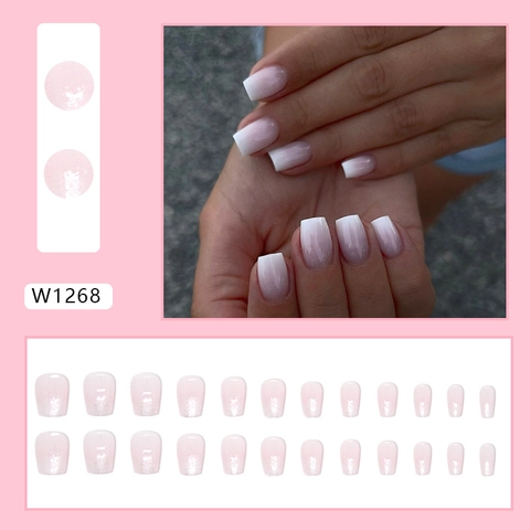 French Ombre Press On Nails Pink White Gradient Glossy Short Square Artificial Fake Nails Women Girls