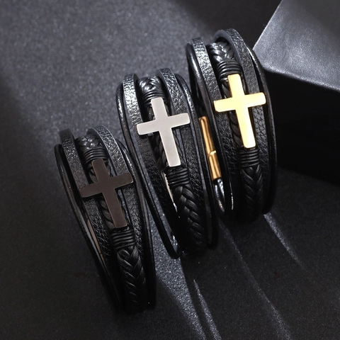 Bracciale Da Uomo In Pelle Intrecciata Multistrato Con Croce In Acciaio Inossidabile E Chiusura Magnetica