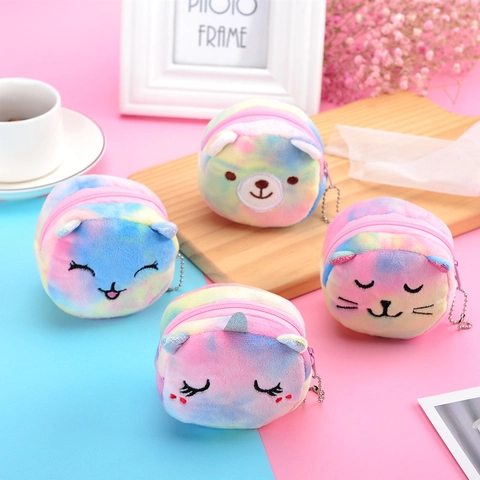 Mini Plush Coin Purse Tie Dye Animal Shaped Zipper Pouch Portable Keychain Bag Pendant For Coins Lipstick Earphones
