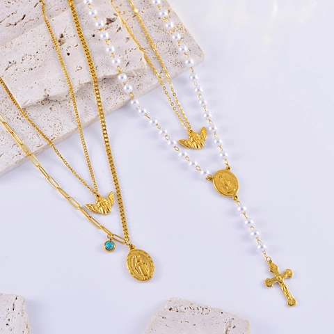 Collar de Varias Capas de Acero Inoxidable Vintage para Mujer Dorado Medalla Virgen María Cruz Colgante Perla Artificial Joyas