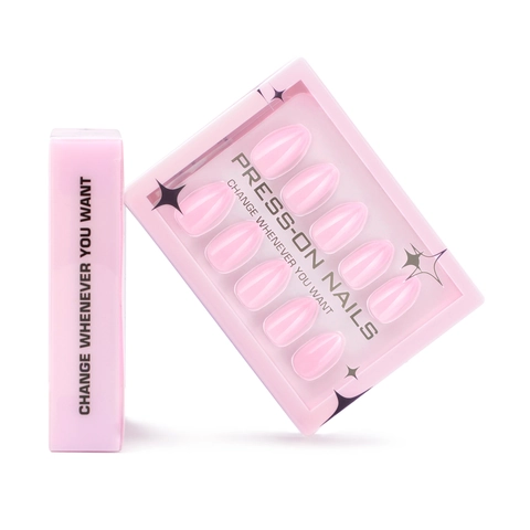 Glossy Pink Press On Nails Almond Shape Solid Color Artificial Fingernails For Women With Glue