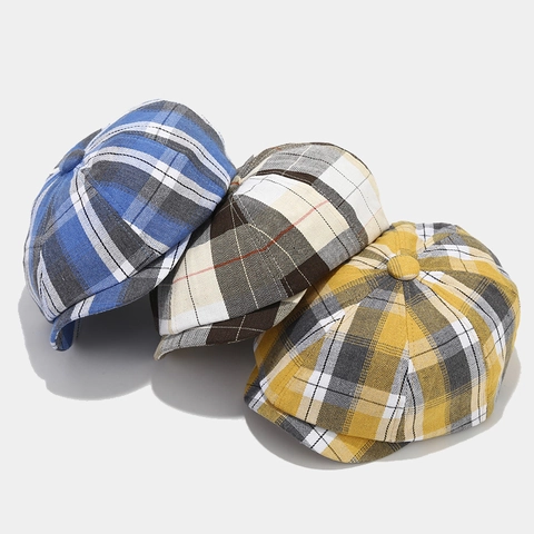 Retro Britse Ruit Newsboy Pet Voor Vrouwen Mannen Herfst Winter Geruite Achthoekige Hoed Casual Artistieke Schilderspet Baret