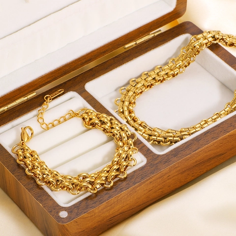 Grobe Geflochtene Gliederkette Und Armband 18K Vergoldeter Edelstahl Hip Hop Retro Schmuck Für Damen