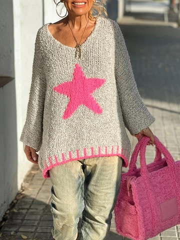 Γυναικείο Oversize Πλεκτό Πουλόβερ Με Σχέδιο Αστέρι Λαιμόκοψη V Μακρυμάνικο Casual Streetwear Νήμα Boucle Γκρι Ροζ