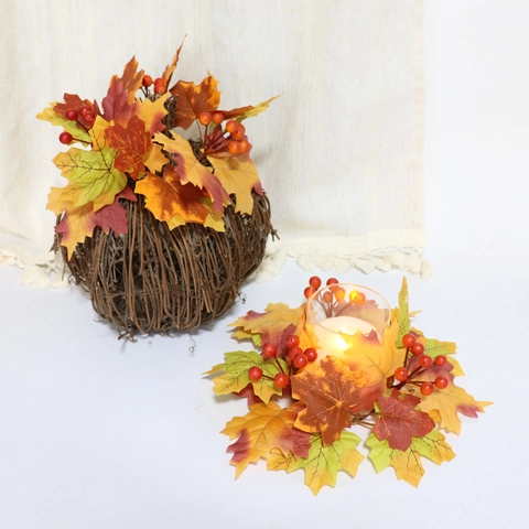 Couronne Anneau De Bougie Feuille Érable Baie Rouge Décoration Table Halloween Fête Des Récoltes Style Automne Mousse Satin