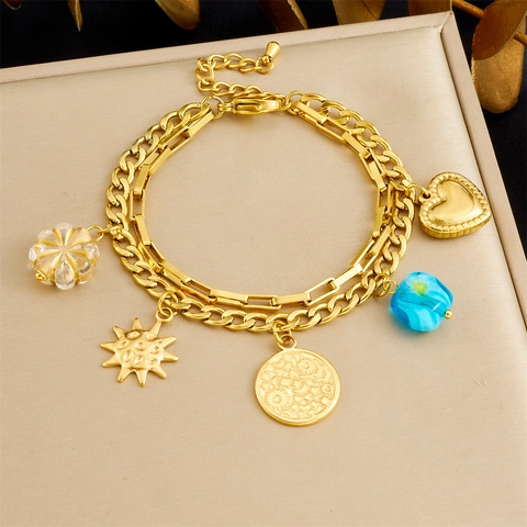 Dubbellaagse Roestvrijstalen Bedelarmband Goud Verguld Hart Zon Munt Hangers Blauwe Kralen Boheemse Sieraden Voor Dames