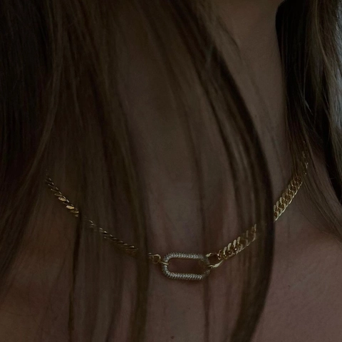 Curb Chain Choker Necklace 18K Gold Plated Copper With Rhinestone Paved Geometric Link Retro Luxury For Women