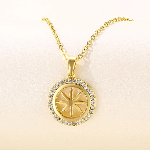 Collar Con Colgante De Motivo De Estrella Octagrama Acero Inoxidable Placa Redonda Circón Incrustado Chapado En Oro Joyas Para Mujeres