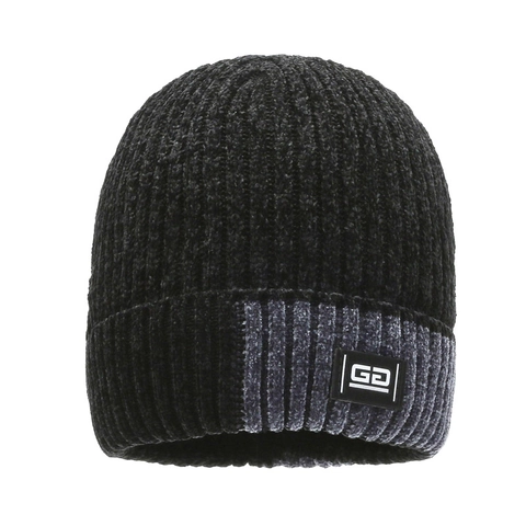Men Winter Chenille Knitted Beanie Fleece Lined Thick Warm Windproof Cuff Skull Cap Decorative Patch