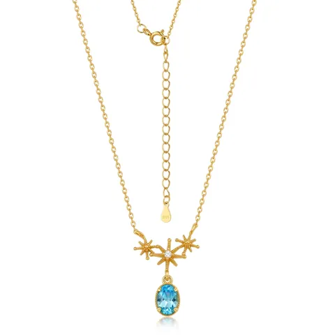 Collana Stellata in Argento Sterling S925 Con Topazio Blu Svizzero Donna Placcata Oro Pendente Stella Ottagonale Strass
