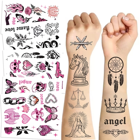 Temporäre Tattoo Aufkleber Wasserfest Amerikanischer Retro Totenkopf Rose Schmetterling Designs Für Halloween Party Körperkunst