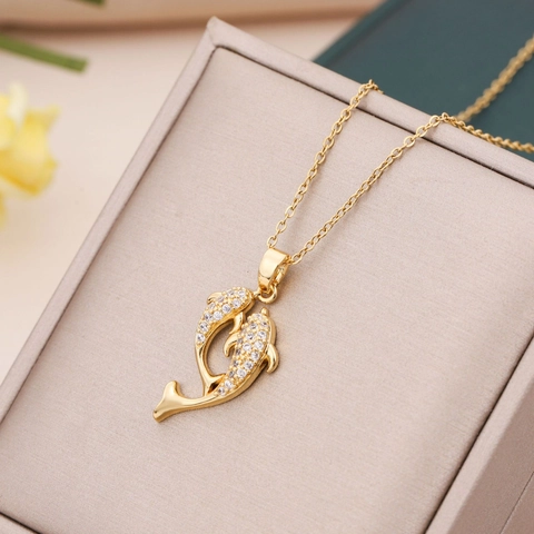 Collier Pendentif Double Dauphin Cuivre Plaqué Or Avec Zircon Micro Incrusté Bijoux Animaux De Luxe Pour Femmes