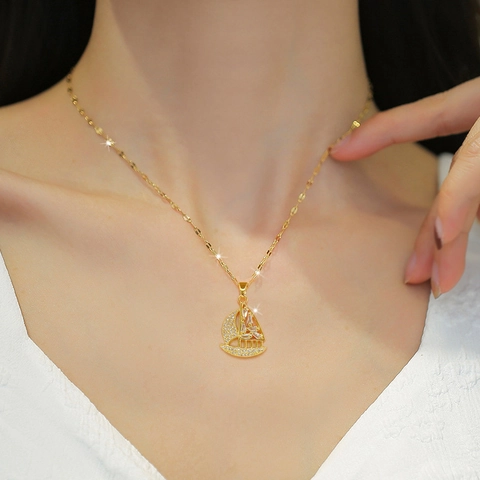 Segelboot Anhänger Halskette Edelstahlkette Kupfer Zirkon Mikro Eingelegt Eleganter Bankett Hochzeit Schmuck Für Damen