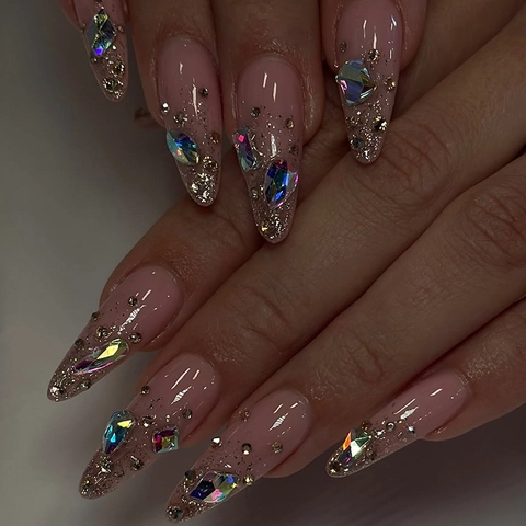 Long Almond Press On Nails Nude Pink Gold Glitter Gradient Rhinestone Luxury Handmade Fake Nails Stiletto French Style