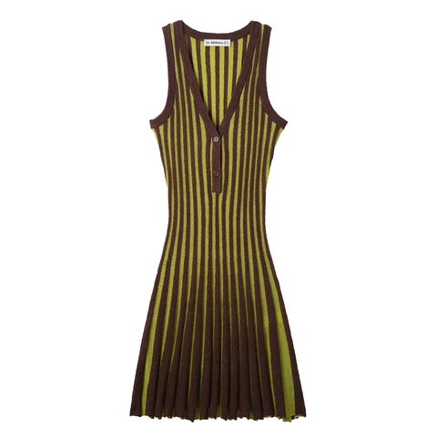Abito In Maglia Senza Maniche Da Donna Scollo A V Righe Verticali Slim Fit Mini Abito Casual Con Bottoni
