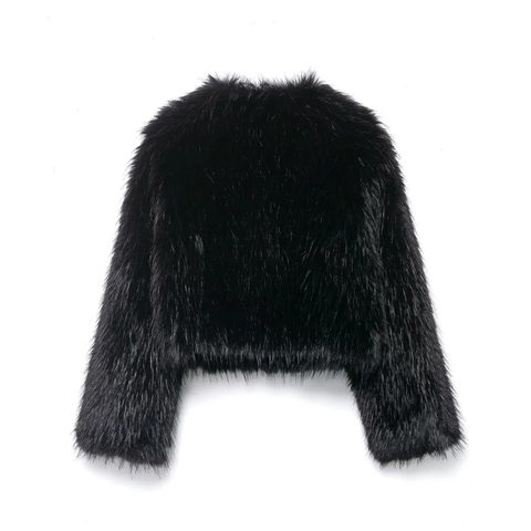 Chaqueta De Piel Sintética Para Mujer Abrigo Corto Cuello Redondo Manga Larga Color Sólido Elegante Informal Negro