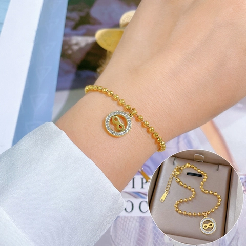 Bracelet Perles Rondes Symbole Infini En Acier Inoxydable Avec Strass Bijoux Minimalistes Élégants Cadeau Femme