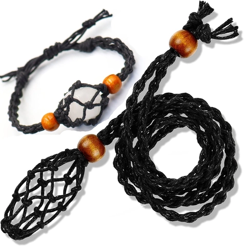 Collar Pulsera Tejido A Mano Soporte De Bolsa De Malla Ajustable Cuerda De Algodón Cuentas De Madera Joyería De Piedra Boho