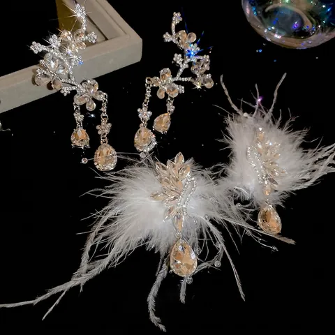 Blüte Schwan Feder Ohrring Manschette Mit 925er Sterling Silber Stecker Exzentrisches Strass Quasten Luxus Party Schmuck