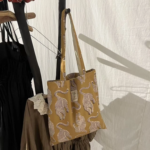 Tiger Print Cotton Canvas Tote Bag Retro Mustard Yellow Shoulder Handbag Crossbody Purse For Women