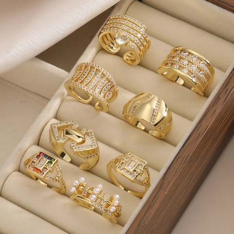 Anillo Abierto Ajustable De Cobre Chapado En Oro Diseño Geométrico Con Circonita Joyería De Moda Para Mujeres