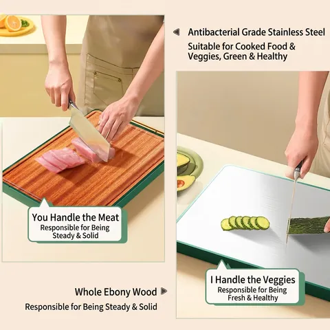 Double Sided Cutting Board Ebony Wood And Stainless Steel Antibacterial Anti-Mold Kitchen Non-Slip TPR Edge Gold Handle