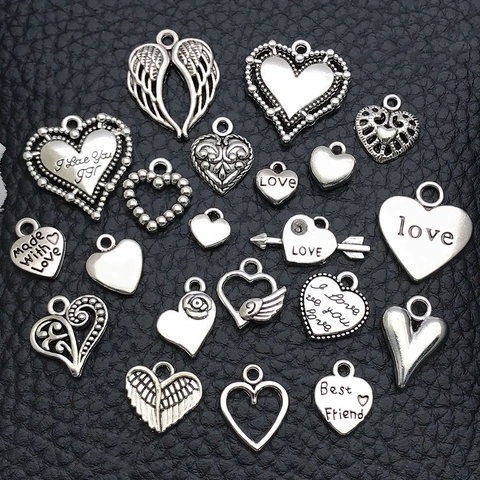 Herz Anhänger Antik Silber Zinklegierung Für DIY Schmuckherstellung Halskette Armband Flügel Pfeil Graviert