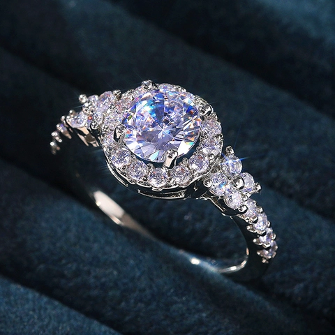 Anillo De Zircón Redondo Engaste Halo Cobre Color Plata Elegante Boda Compromiso Joyería Para Mujer