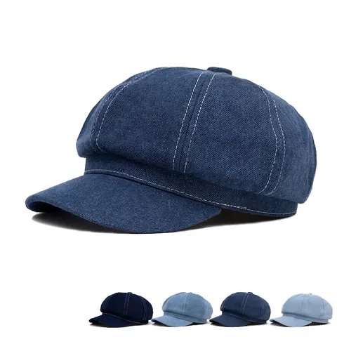 Gorra Newsboy De Mezclilla Vintage Mujer Boina Octogonal Costuras En Contraste Casual Color Sólido Streetwear