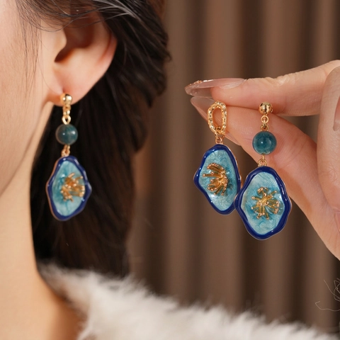 Vintage Enamel Flower Dangle Earrings With Silver Earring Post Alloy Blue Gold Retro Geometric Jewelry For Women