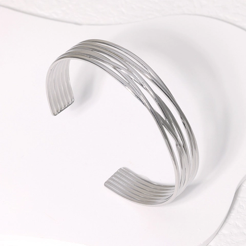 Brazalete Abierto Acero Inoxidable Minimalista Ajustable Líneas Geométricas Multicapa Joyería Moderna Para Mujer