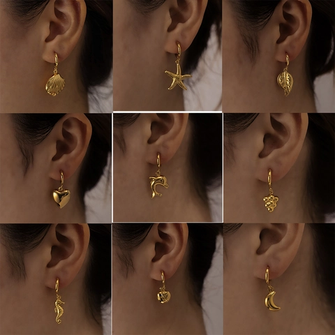 Stainless Steel Huggie Hoop Earrings 18K Gold Plated Shell Starfish Moon Leaf Heart Animal Fruit Charms Fashion Jewelry
