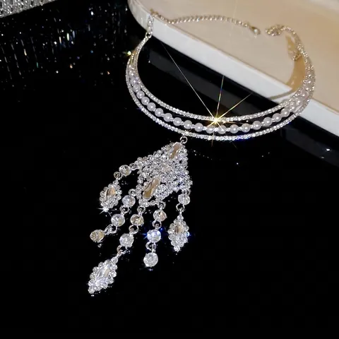 Collana Choker Multistrato Lega Künstliche Perle Sintetiche Strass Ciondolo Nappa Elegante Gioielli Retrò Per Donna