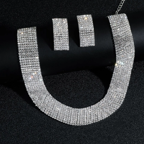 Full Rhinestone Alloy Jewelry Necklace And Earrings Wide Choker Bridal Wedding Evening Party Elegant For Women