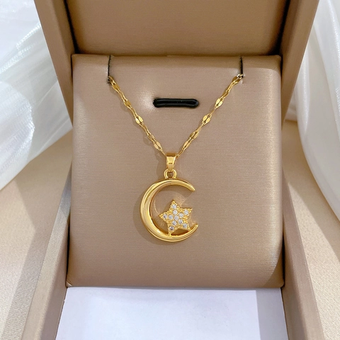 Titanium Stahl Halskette Mit Zirkon Kupfer Mond Stern Anhänger Elegante Damen Schmuck Für Alltag Party