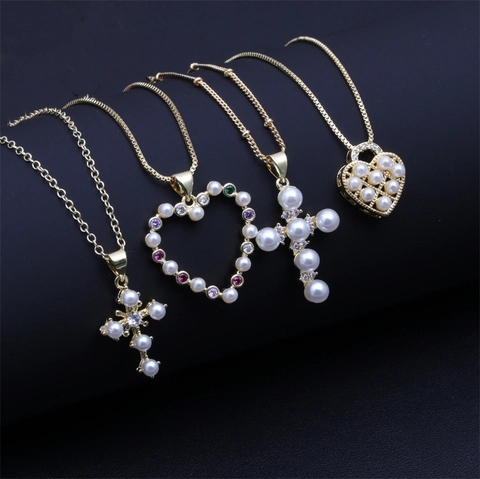 Collana Pendente Cuore Croce Rame Placcato Oro Con Zirconi Colorati E Künstliche Perle Per Donna Gioielli Vintage Regalo