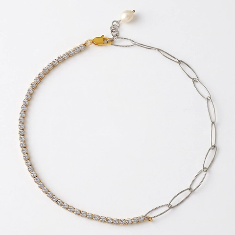 Spleißkette Halskette Titanstahl Zirkon Süßwasserperle Anhänger Asymmetrisch Zweifarbig Minimalistischer Schmuck