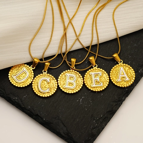 Gehamerde Ronde Alfabet Beginletter Hanger Ketting Roestvrij Staal Verguld Slangenketting Elegante Sieraden Voor Dames