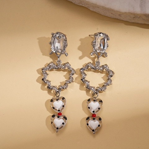 Twisted Heart Drop Earrings With Silver Earring Post Alloy Rhinestone Polka Dot Geometric Long Dangle For Women Trendy