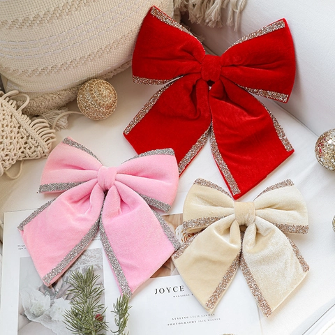 Christmas Velvet Bows Glitter Edge Large Xmas Tree Wreath Topper Hanging Ornament Home Holiday Decor Red Pink Beige