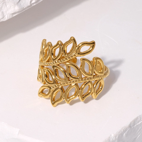 Hollow Blatt Weizenähre Ring Edelstahl 18K Vergoldet Verstellbar Offen Band Statement Schmuck Für Frauen