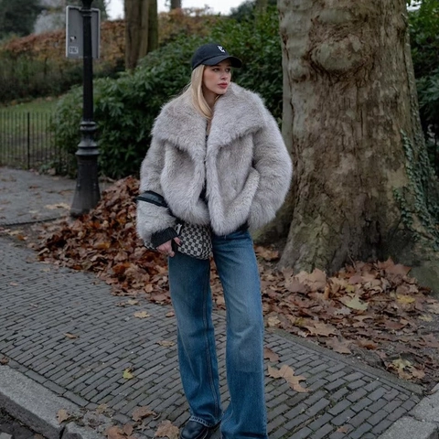 Women Faux Fur Coat Short Lapel Solid Color Warm Winter Streetwear Elegant Office Plush Thick Jacket For Lady