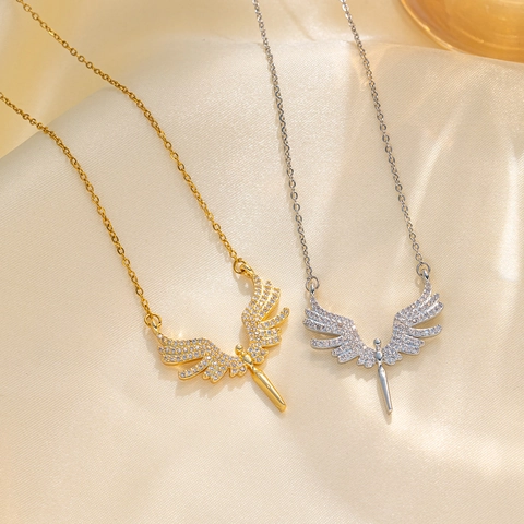 Titanium Steel Iced Out Angel Wing Pendant Necklace Gold Silver Plated Rhinestone Micro Pave Hip Hop Fashion Jewelry For Women Men