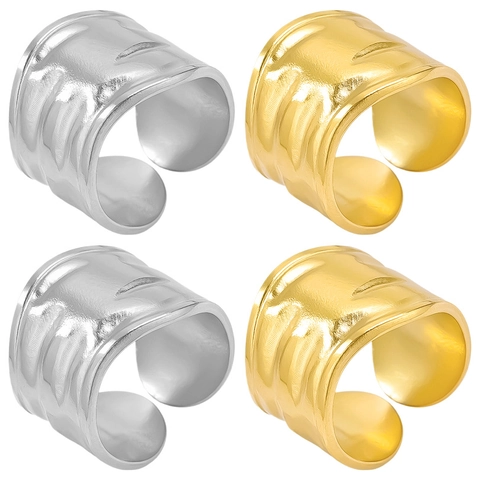 Wide Band Ring 304 Stainless Steel Hammered Texture Irregular Wavy Minimalist Jewelry For Women Men