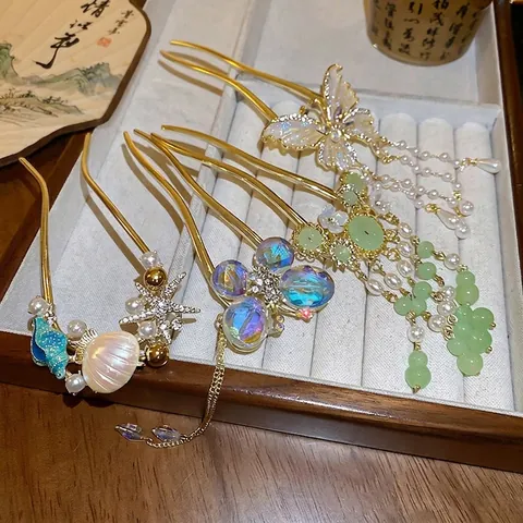 Vintage Chinese Butterfly Tassel Hair Stick Alloy Imitation Artificial Pearl Rhinestone U-Shaped Fork For Women Hanfu Accessories