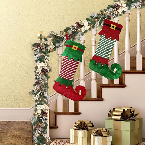 Chaussette De Noël Style Botte Elfe Avec Grelots Rayures Boucle De Ceinture Décoration De Fête Sac Cadeau Cheminée