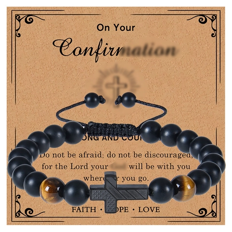 Handgemachtes Perlenarmband Naturstein Matt Tigerauge Mit Legierung Kreuz Anhänger Verstellbares Seil Religiöse Geschenkkarte