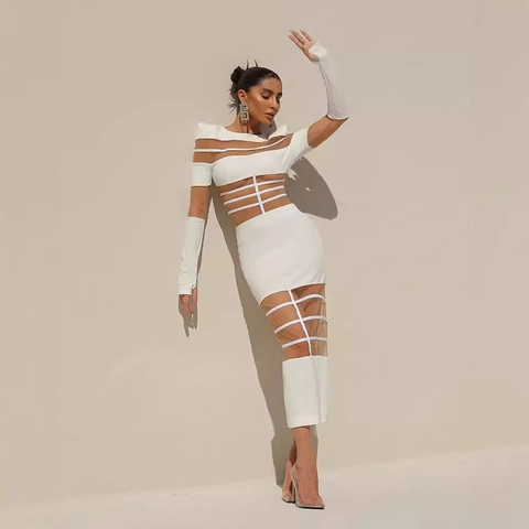 Mesh Patchwork Mock Neck Lange Mouwen Maxi Jurk Voor Dames Slim Fit Perspectief Doorschijnend Clubwear Met Bijpassende Mouwen