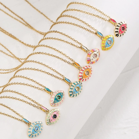 Collana Con Pendente Malocchio Rame Placcato Oro Smalto Zircone Boho Gioielli Moda Donna