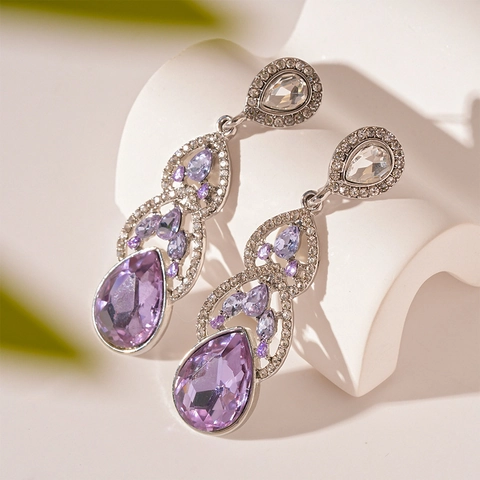 Purple Teardrop Dangle Earrings Alloy Rhinestone With 925 Sterling Silver Earring Post French Vintage For Women Luxury